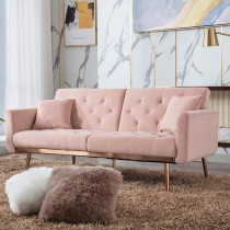Raj Furniture Velvet Sofa Convertible Sleeper Sofa, Modern Tufted Sofa Bed With 2 Throw Pillow And Gold Plating Base 5 Leg, Adjustable Folding Accent Sofa Couch For Living Room, Pink