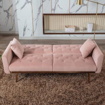 Raj Furniture Velvet Sofa Convertible Sleeper Sofa, Modern Tufted Sofa Bed With 2 Throw Pillow And Gold Plating Base 5 Leg, Adjustable Folding Accent Sofa Couch For Living Room, Pink