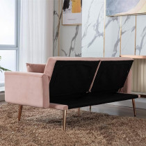 Raj Furniture Velvet Sofa Convertible Sleeper Sofa, Modern Tufted Sofa Bed With 2 Throw Pillow And Gold Plating Base 5 Leg, Adjustable Folding Accent Sofa Couch For Living Room, Pink