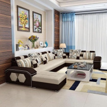 Ripple Furniture U Shape 9 Seater Modern Interchangeable Fabric Sofa Set With 4 Puffy, Left, Cream And Grey