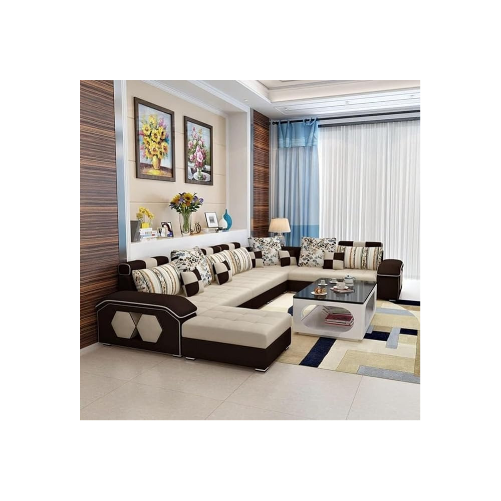 Ripple Furniture U Shape 9 Seater Modern Interchangeable Fabric Sofa Set With 4 Puffy, Left, Cream And Grey