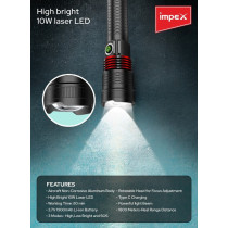 Impex 10 Watts, 500 Lumens, 1800 M Range 3 Modes Rechargeable LED Flashlight, Black