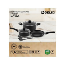 Delici 10x Tougher Coating 7 Piece Nonstick Cookware Set, Black
