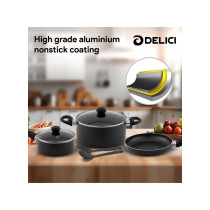 Delici 10x Tougher Coating 7 Piece Nonstick Cookware Set, Black