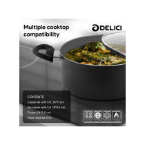 Delici 10x Tougher Coating 7 Piece Nonstick Cookware Set, Black