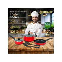 Delici Non Stick 10 x Tougher Quick And Even Heat Distribution Cookware Set 7 Pieces, Red