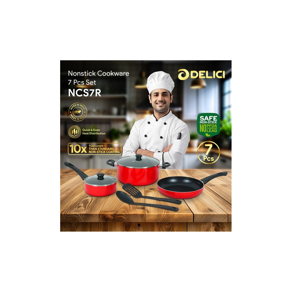 Delici Non Stick 10 x Tougher Quick And Even Heat Distribution Cookware Set 7 Pieces, Red