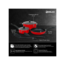 Delici Non Stick 10 x Tougher Quick And Even Heat Distribution Cookware Set 7 Pieces, Red