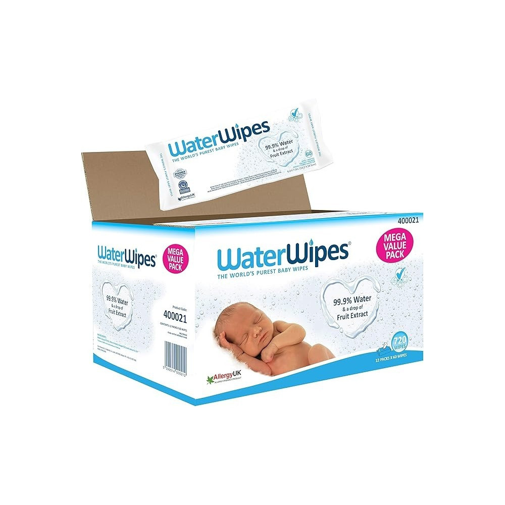 Waterwipes Mega Value Box Baby Wipes Pack Of 12 Pouches X 60 Sheets, 720 Wipes, White
