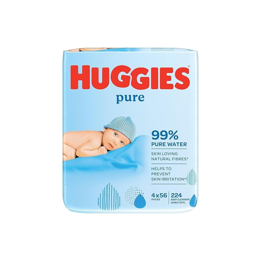 Huggies Pure, Baby Wipes, 4 Packs 224 Wipes Total Natural Wet Wipes For Sensitive Skin, 99 Percent Pure Water, Fragrance Free To Clean And Protect