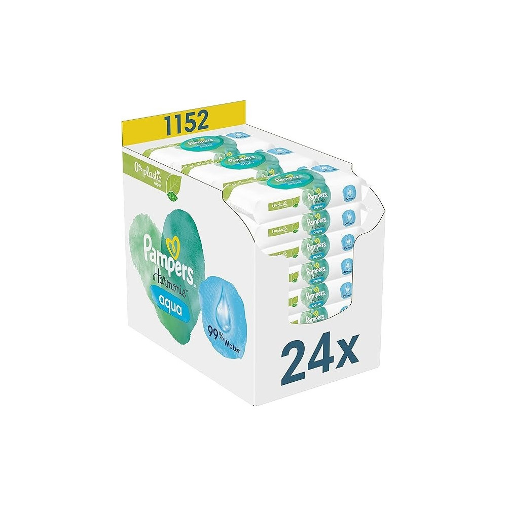 Pampers Aqua Harmonie Baby Wipes 0 percent Plastic 1152 Wipes, Set Of 24 X 48, Fragrance And Alcohol Free With 99% Water And Plant-Based Fibers, Dermatologically Tested