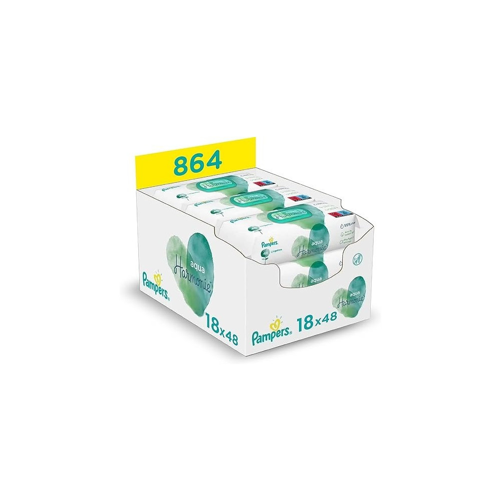 Pampers Aqua Harmony Wipes, Made Of 99 Percent Pure Water And Fragrance Free And Alcohol-Free, Pack Of 6 X 144 Wipes, Total 864 Wipes