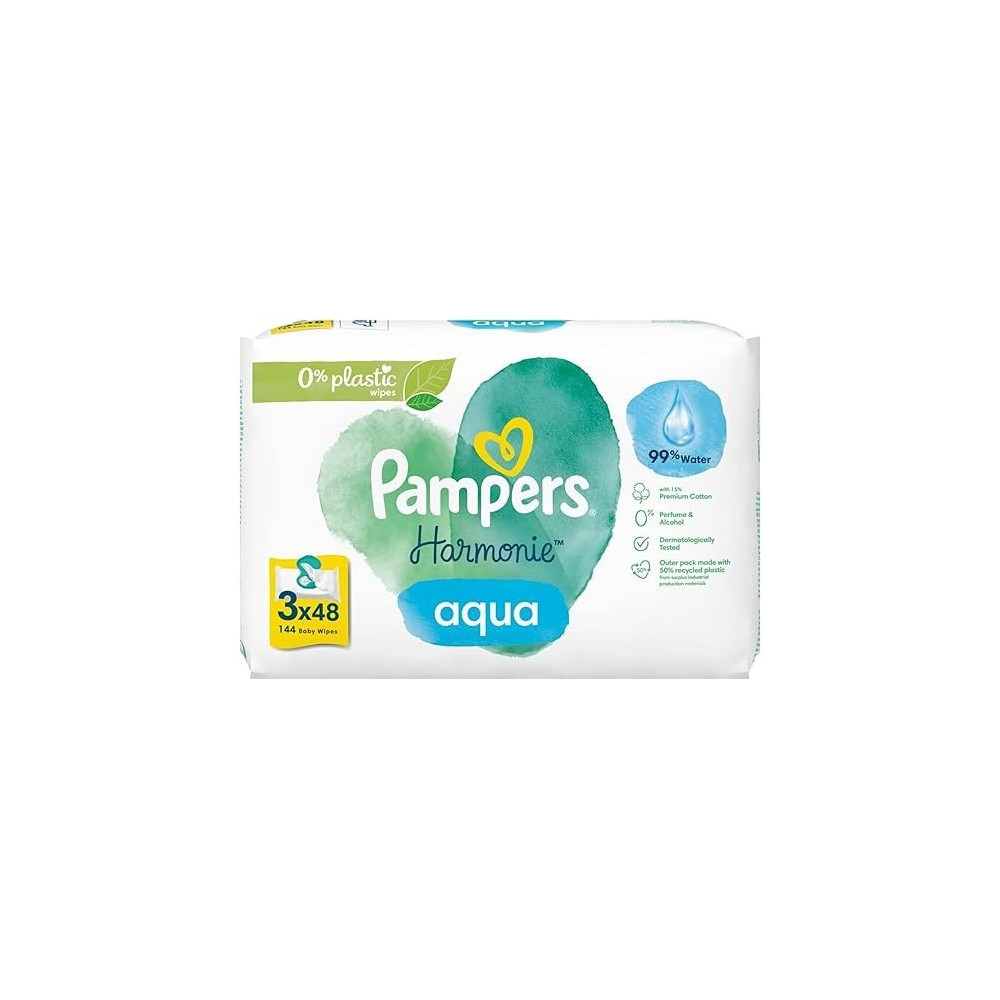 Pampers Harmonie Aqua Baby Wipes, 3 Packs Of 48 Wipes, 144 Baby Wipes, Gentle Skin Protection For Delicate Skin With 99 Percent Water
