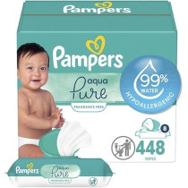 Pampers Aqua Pure Sensitive Baby Wipes, 99 Percent Water, Hypoallergenic, Unscented, 8 Flip-Top Packs, 448 Wipes Total