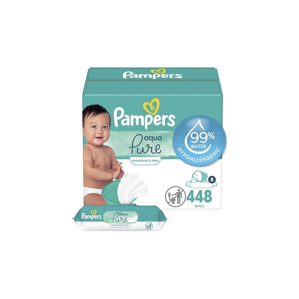 Pampers Aqua Pure Sensitive Baby Wipes, 99 Percent Water, Hypoallergenic, Unscented, 8 Flip-Top Packs, 448 Wipes Total