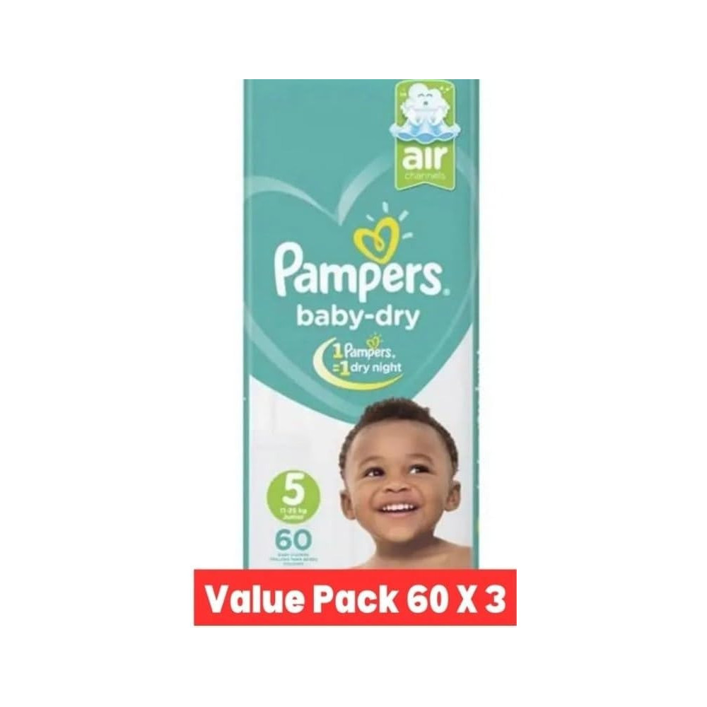 Pampers Baby-Dry Taped Diapers Up To 100 Percent Leakage Protection, Size 5, 11-25Kg, 180 Pcs