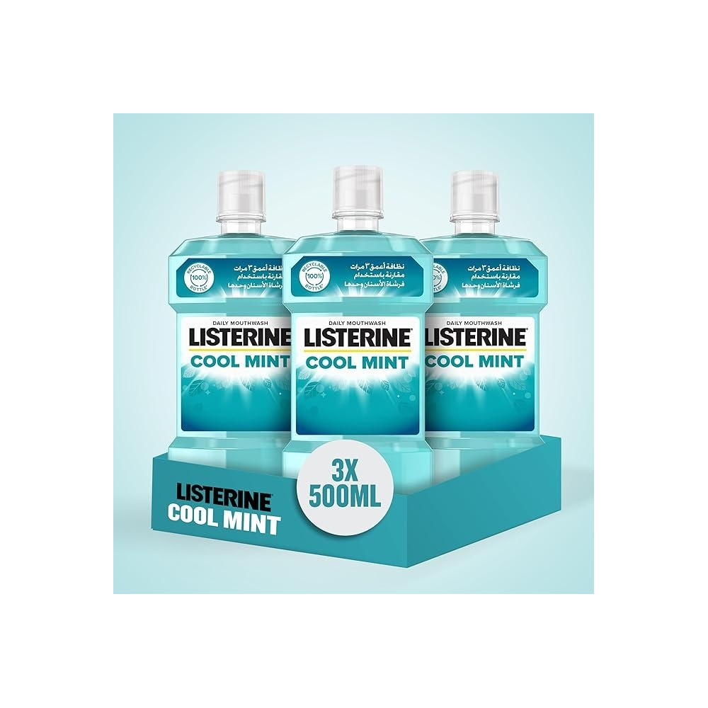 Listerine Cool Mint Mouthwash, Pack Of 3 X 500Ml, 24 Hour Protection Against Plaque, Refreshing Sensation For A Healthier Mouth