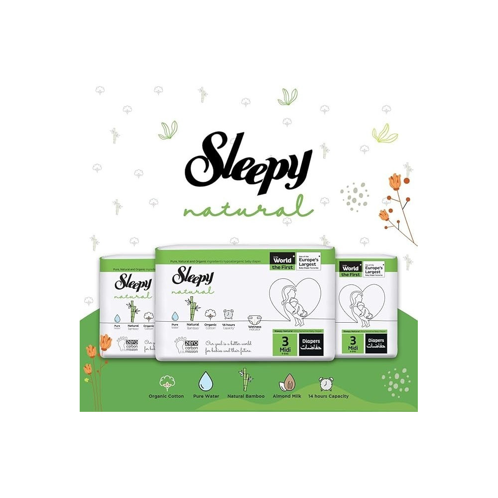 Sleepy Natural Size 3, Newborn, 170 Count, 4-9Kg Hypoallergenic Baby Dry Diapers, Organic Cotton, Highly Absorbent, Bamboo Extract, 5 X 34 Ultimate Comfort And Dryness, 100 Percent Leakage Protection