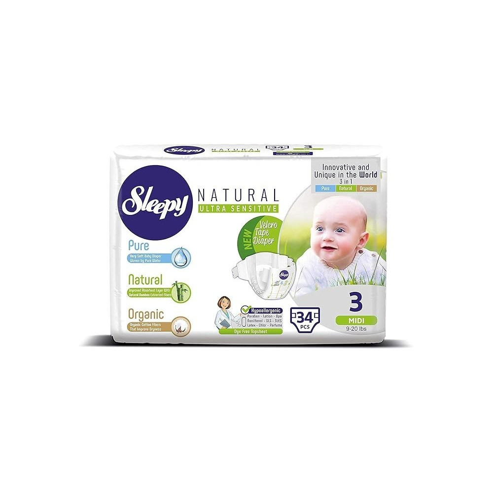 Sleepy Natural Baby Diapers, Size 3, 34 Count, Made From Organic Cotton And Bamboo Extract, Ultimate Comfort And Dryness, Disposable Diapers Snuggle Diaper