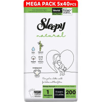Sleepy Natural Size 1 New Born Hypoallergenic Baby Dry Diapers 100 Percent Leakage Protection, 200 Count
