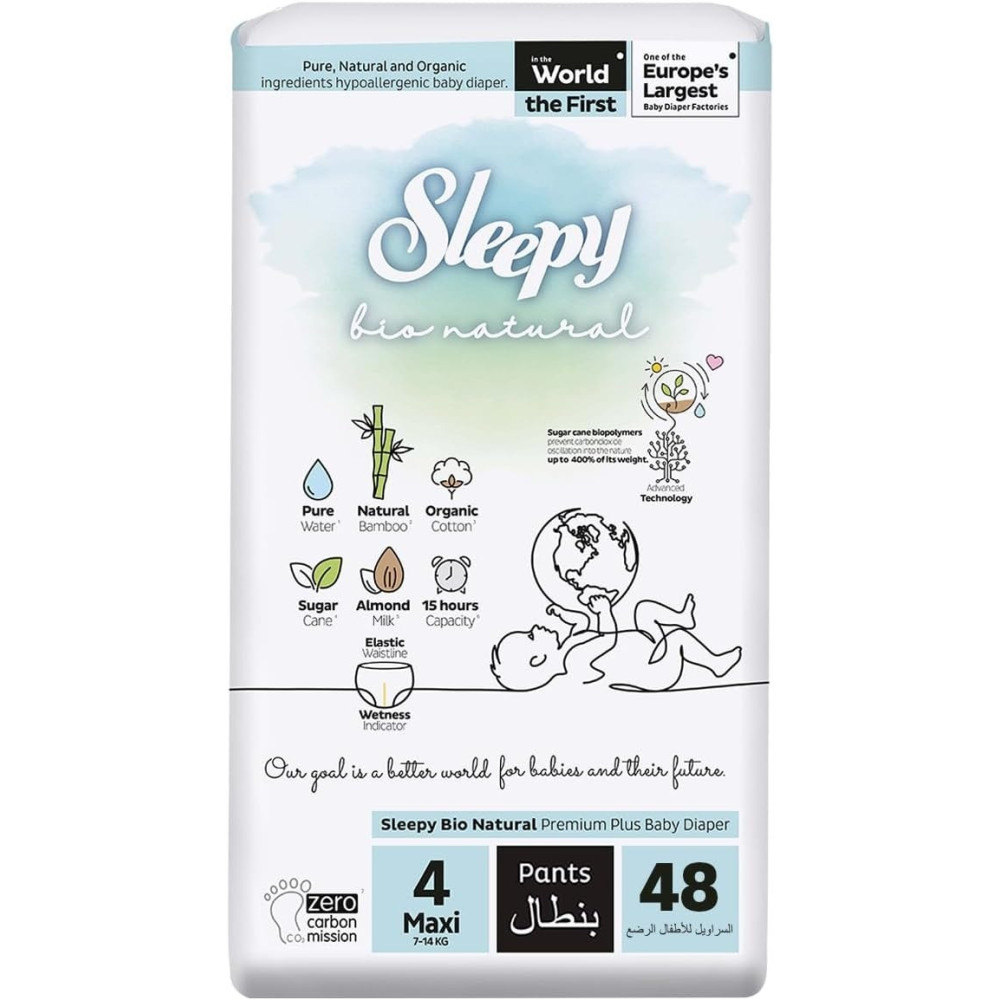 Sleepy Bio Natural Superior Absorbency Eco-Friendly Hypoallergenic Pants Size 4, 48 Count