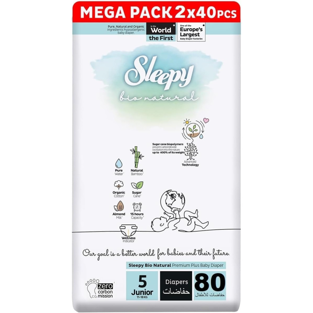 Sleepy Bio Natural Hypoallergenic Water Based Almond Milk 100 Percent Leakproof Premium Size 5 Baby Dry Diapers, 80 Count