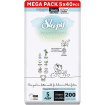 Sleepy Bio Natural Hypoallergenic Water Based Almond Milk 100 Percent Leakproof Premium Size 5 Baby Dry Diapers, 200 Count