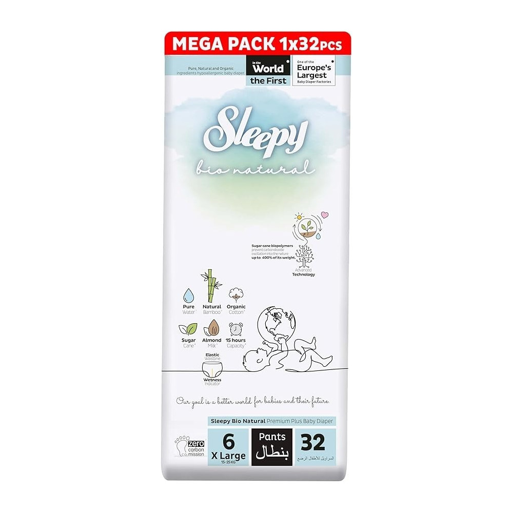 Sleepy Bio Natural Superior Absorbency Eco-Friendly Hypoallergenic Pants Size 6, 32 Count