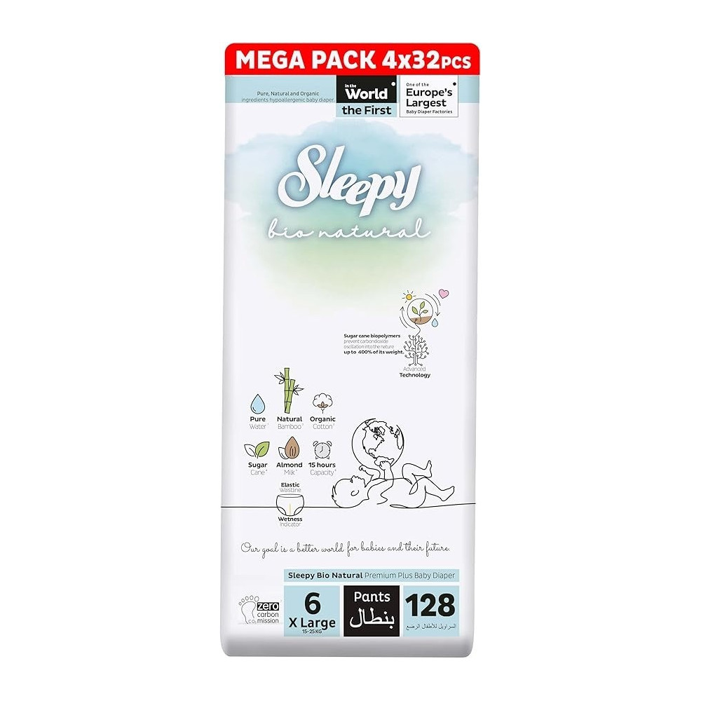 Sleepy Bio Natural Superior Absorbency Eco-Friendly Hypoallergenic Pants Size 6, 128 Count