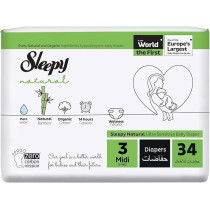 Sleepy Natural Size 3 (Newborn), 34 Count, 4-9Kg Hypoallergenic Baby Dry Diapers, Organic Cotton, Highly Absorbent, Bamboo Extract, Ultimate Comfort And Dryness, 100Percentage Leakage Protection