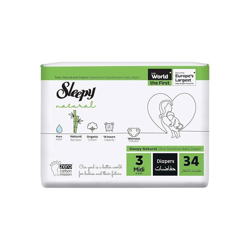 Sleepy Natural Size 3 (Newborn), 34 Count, 4-9Kg Hypoallergenic Baby Dry Diapers, Organic Cotton, Highly Absorbent, Bamboo Extract, Ultimate Comfort And Dryness, 100Percentage Leakage Protection