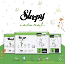 Sleepy Natural Size 3 (Newborn), 34 Count, 4-9Kg Hypoallergenic Baby Dry Diapers, Organic Cotton, Highly Absorbent, Bamboo Extract, Ultimate Comfort And Dryness, 100Percentage Leakage Protection