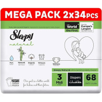 Sleepy Natural Size 3, 4-9Kg Hypoallergenic Baby Dry Diapers, Organic Cotton, Highly Absorbent, Bamboo Extract, Ultimate Comfort And Dryness, 100Percentage Leakage Protection (3, 68, Count)