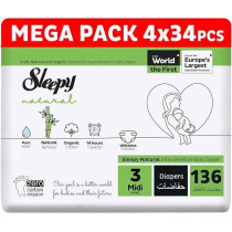 Sleepy Natural Size 3, 4-9Kg Hypoallergenic Baby Dry Diapers, Organic Cotton, Highly Absorbent, Bamboo Extract, Ultimate Comfort And Dryness, 100Percentage Leakage Protection (3, 136, Count)
