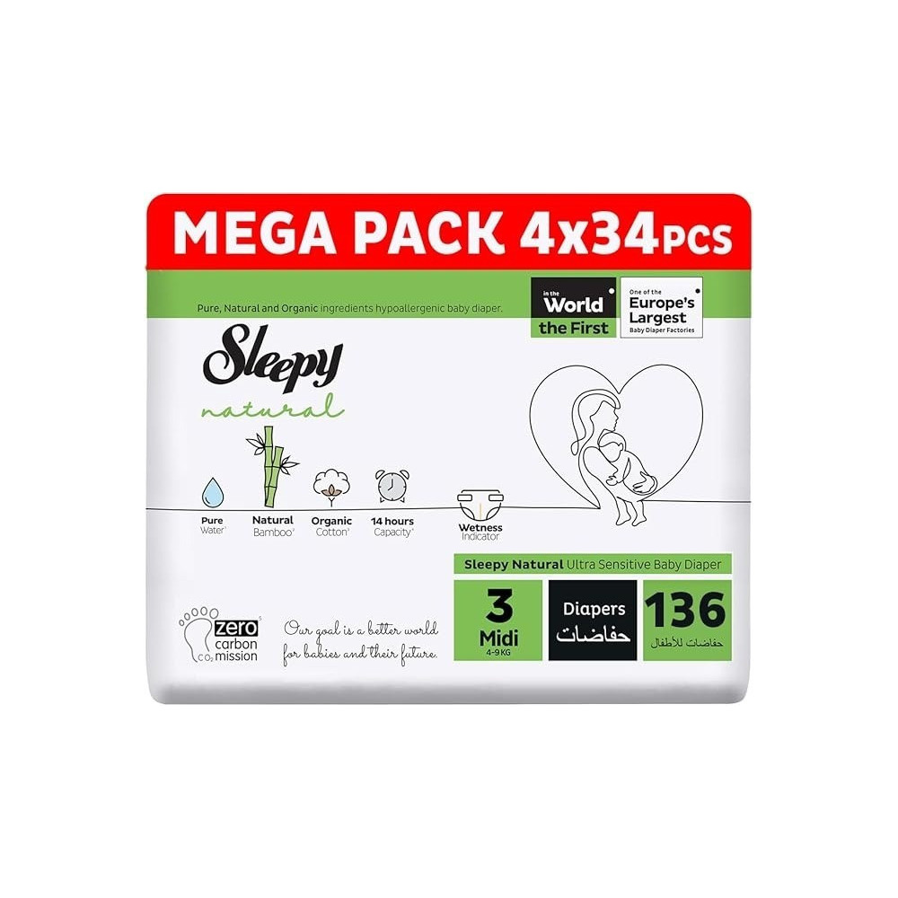 Sleepy Natural Size 3, 4-9Kg Hypoallergenic Baby Dry Diapers, Organic Cotton, Highly Absorbent, Bamboo Extract, Ultimate Comfort And Dryness, 100Percentage Leakage Protection (3, 136, Count)