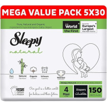 Sleepy Natural Size 4 (Newborn), 150 Count, 7-14Kg Hypoallergenic Baby Dry Diapers, Organic Cotton, Highly Absorbent, Bamboo Extract, 5X30 Ultimate Comfort And Dryness, 100Percentage Leakage Protection
