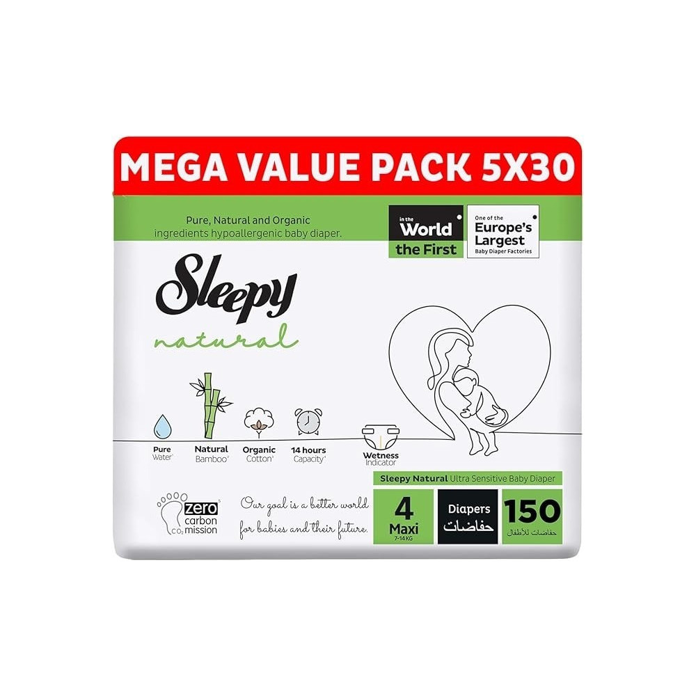 Sleepy Natural Size 4 (Newborn), 150 Count, 7-14Kg Hypoallergenic Baby Dry Diapers, Organic Cotton, Highly Absorbent, Bamboo Extract, 5X30 Ultimate Comfort And Dryness, 100Percentage Leakage Protection