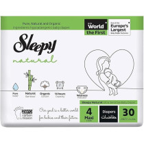 Sleepy Natural Size 4 (Newborn), 30 Count, 7-14Kg Hypoallergenic Baby Dry Diapers, Organic Cotton, Highly Absorbent, Bamboo Extract, Ultimate Comfort And Dryness, 100Percentage Leakage Protection