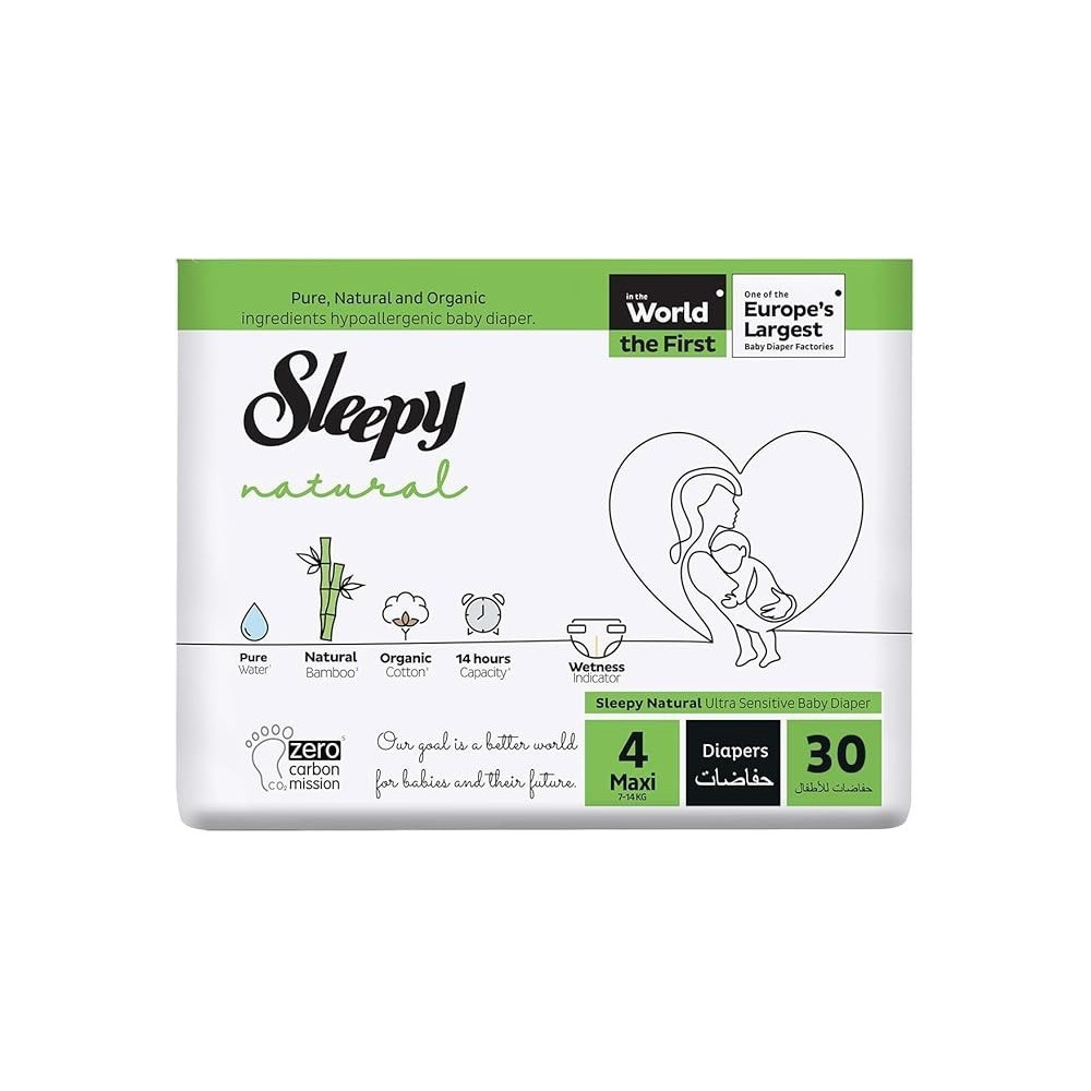 Sleepy Natural Size 4 (Newborn), 30 Count, 7-14Kg Hypoallergenic Baby Dry Diapers, Organic Cotton, Highly Absorbent, Bamboo Extract, Ultimate Comfort And Dryness, 100Percentage Leakage Protection