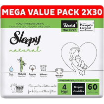 Sleepy Natural Size 4, 7-14Kg Hypoallergenic Baby Dry Diapers, Organic Cotton, Highly Absorbent, Bamboo Extract, Ultimate Comfort And Dryness, 100Percentage Leakage Protection (4, 60 Count)