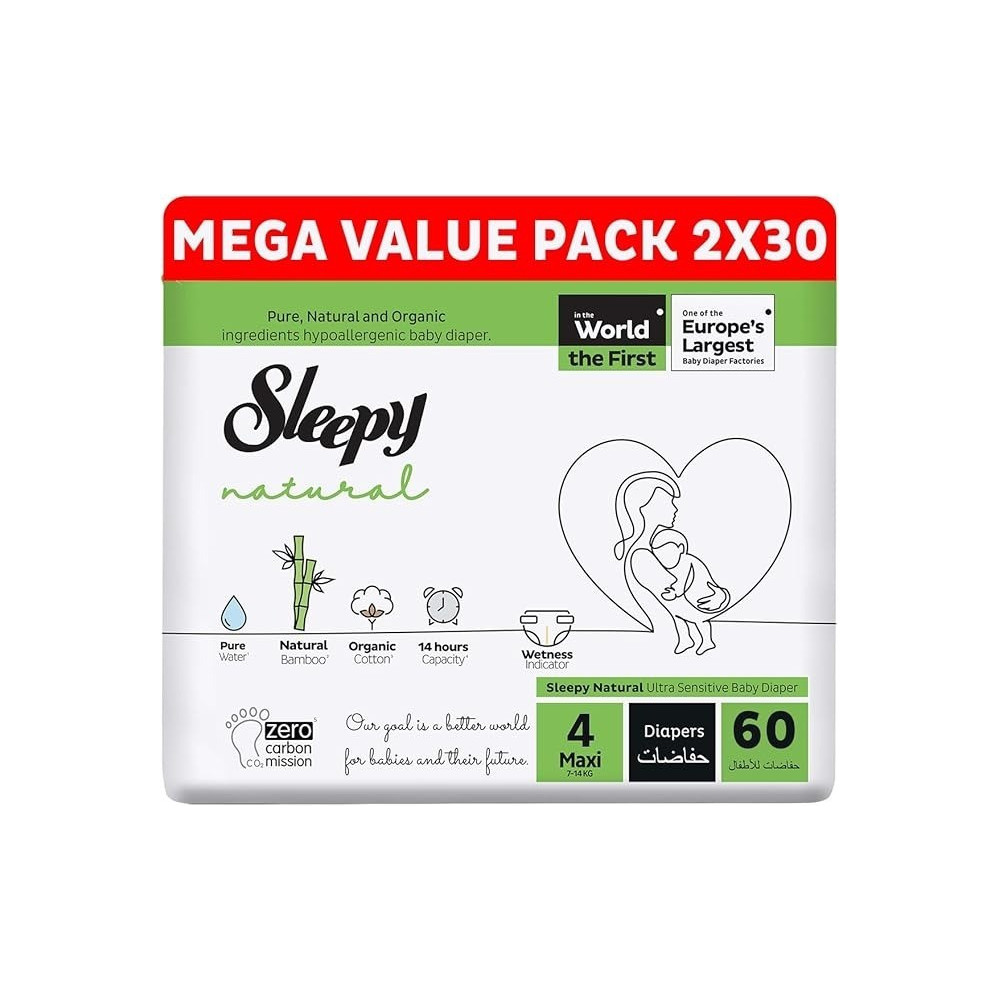 Sleepy Natural Size 4, 7-14Kg Hypoallergenic Baby Dry Diapers, Organic Cotton, Highly Absorbent, Bamboo Extract, Ultimate Comfort And Dryness, 100Percentage Leakage Protection (4, 60 Count)