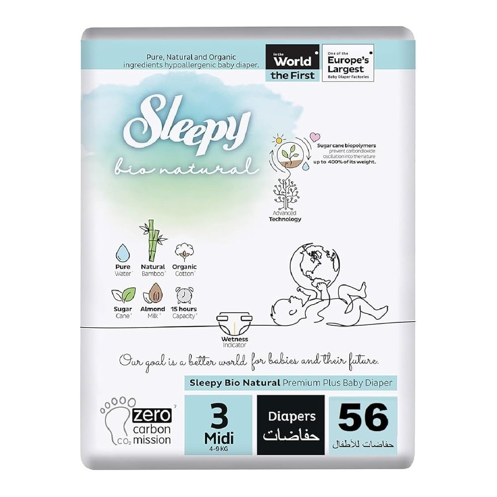 Sleepy Bio Natural Premium Size 3 Diapers, 56 Count, Baby Dry Taped Diapers, 4-9Kg Hypoallergenic, Water Based, Almond Milk, Vegan, 100Percentage Leakproof