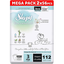 Sleepy Bio Natural Premium Size 3 Diapers, 2X56 Baby Dry Taped Diapers, 4-9Kg Hypoallergenic, Water Based, Almond Milk, Vegan, 100Percentage Leakproof