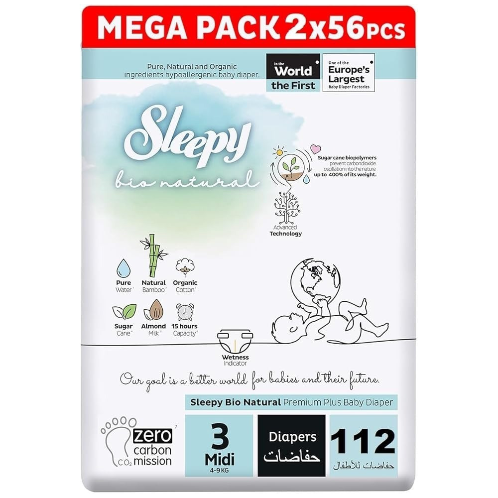 Sleepy Bio Natural Premium Size 3 Diapers, 2X56 Baby Dry Taped Diapers, 4-9Kg Hypoallergenic, Water Based, Almond Milk, Vegan, 100Percentage Leakproof