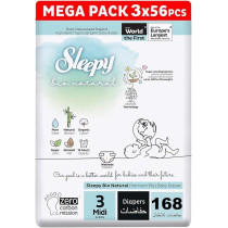 Sleepy Bio Natural Premium Size 3 Diapers, 3X56 Baby Dry Taped Diapers, 4-9Kg Hypoallergenic, Water Based, Almond Milk, Vegan, 100Percentage Leakproof