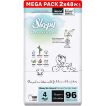 Sleepy Bio Natural Premium Size 4 Diapers, 96 Count Baby Dry Taped Diapers, 2X48, 7-14Kg Hypoallergenic, Water Based, Almond Milk, Vegan, 100Percentage Leakproof