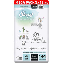 Sleepy Bio Natural Premium Size 4 Diapers, Baby Dry Taped Diapers, 7-14Kg Hypoallergenic, Water Based, Almond Milk, Vegan, 100Percentage Leakproof (4, 144 Count)