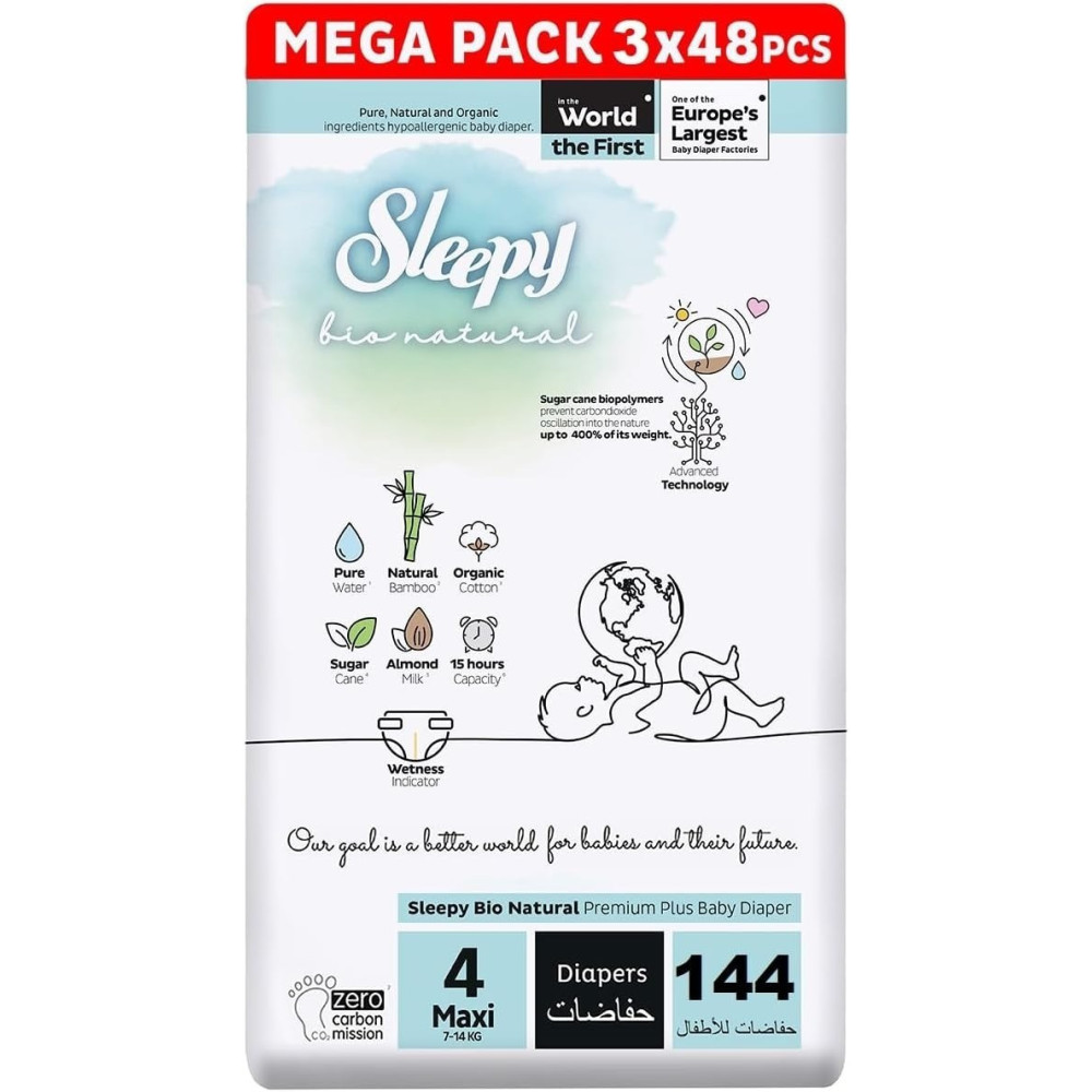 Sleepy Bio Natural Premium Size 4 Diapers, Baby Dry Taped Diapers, 7-14Kg Hypoallergenic, Water Based, Almond Milk, Vegan, 100Percentage Leakproof (4, 144 Count)