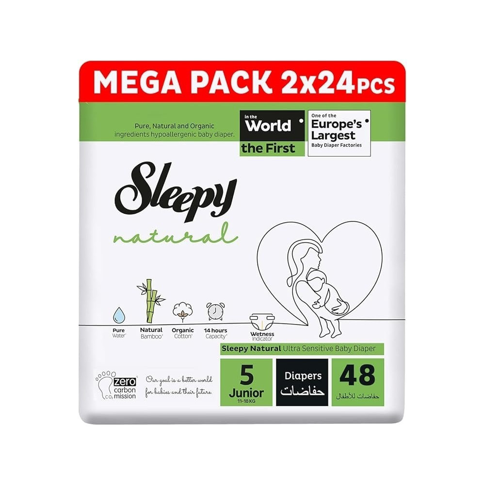 Sleepy Natural Size 5 (Newborn), 48 Count, 11-18Kg Hypoallergenic Baby Dry Diapers, Organic Cotton, Highly Absorbent, Bamboo Extract, 2X24 Ultimate Comfort And Dryness, 100Percentage Leakage Protection
