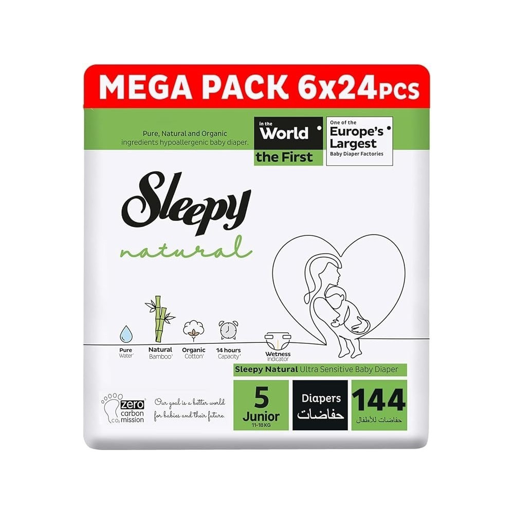 Sleepy Natural Size 5, 11-18Kg Hypoallergenic Baby Dry Diapers, Organic Cotton, Highly Absorbent, Bamboo Extract, Ultimate Comfort And Dryness, 100Percentage Leakage Protection (5, 144 Count)